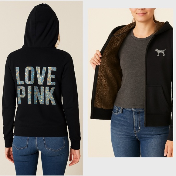 Y2K vintage Victoria's Secret Black Hoodie fur lined with Glitter Accents - Picture 1 of 8